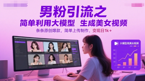男粉引流之简单利用大模型生成美女视频，条条原创爆款，简单上传制作，变现日1k+-鑫梵淘