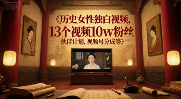 历史女性独白视频，13个视频10w粉丝，伙伴计划，视频号分成等-鑫梵淘