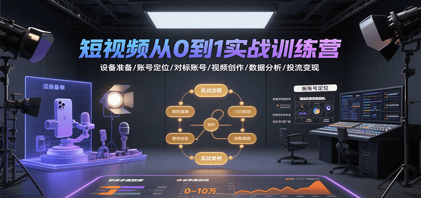 短视频从0到1实战训练营：设备准备/账号定位/对标账号/视频创作/数据分析/投流变现-鑫梵淘