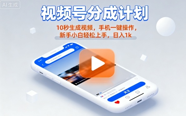 视频号分成计划懒人玩法，10秒生成视频，手机一键操作，新手小白轻松上手，日入1K【揭秘】-鑫梵淘
