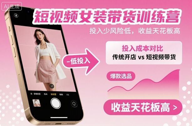 短视频女装带货训练营，投入少风险低，收益天花板高-鑫梵淘