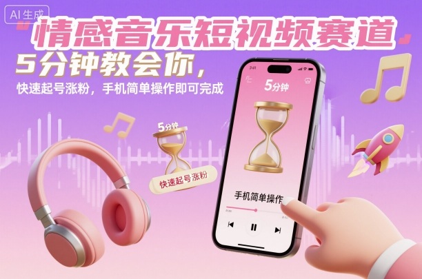 情感音乐短视频赛道，5分钟教会你，快速起号涨粉，手机简单操作即可完成-鑫梵淘