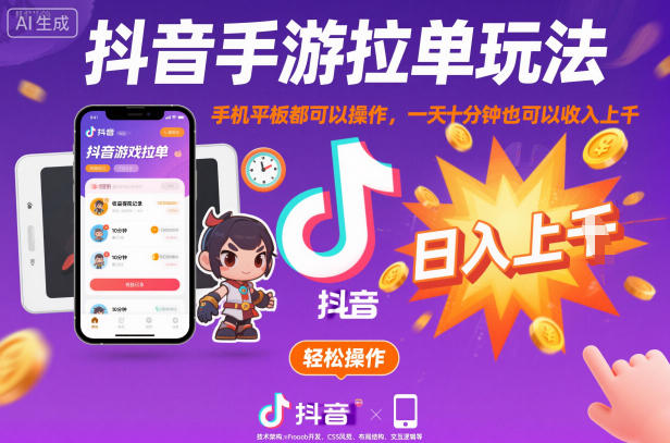 抖音手游拉单玩法，手机平板都可以操作，一天十分钟也可以收入上K【揭秘】-鑫梵淘