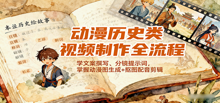 动漫历史类视频制作全流程，学文案撰写、分镜提示词，掌握动漫图生成+抠图配音剪辑-鑫梵淘