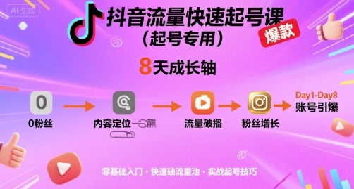抖音流量快速起号课(起号专用)，8天带你做爆自己的账号-鑫梵淘