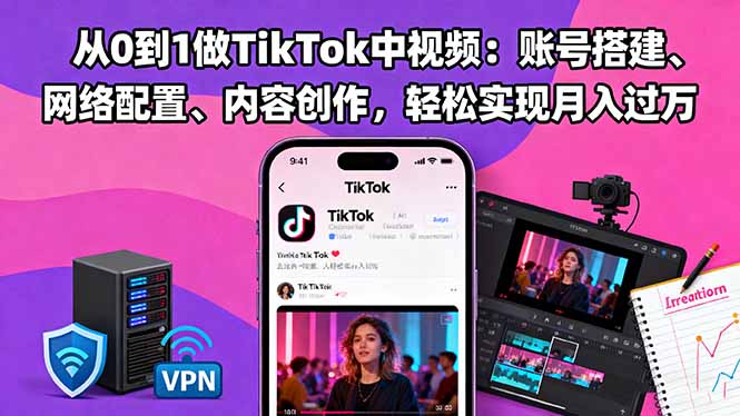 从0到1做TikTok中视频：账号搭建、网络配置、内容创作，轻松实现月入过万-鑫梵淘