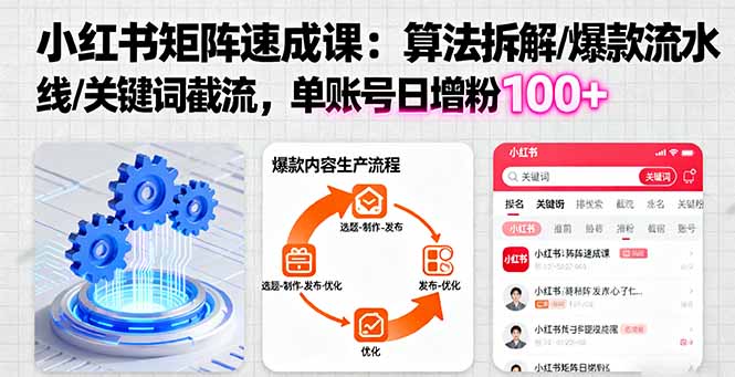 小红书矩阵起号速成课：算法拆解/爆款流水线/关键词截流 单账号日增粉100+-鑫梵淘