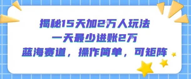 揭秘15天加2W人玩法，一天最少2万进账，蓝海赛道，操作简单，可矩阵-鑫梵淘