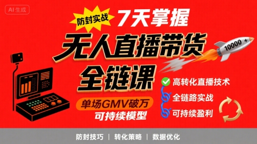 无人直播带货全链防封实战课，7天掌握高转化直播技术，实现单场GMV破万可持续模型-鑫梵淘