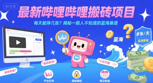 最新哔哩哔哩上B站搬砖项目，每天能挣几张？揭秘一般人不知道的蓝海赛道-鑫梵淘