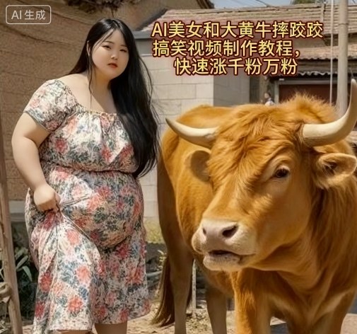AI美女和大黄牛摔跤搞笑荒诞视频制作教程，快速涨千粉万粉-鑫梵淘