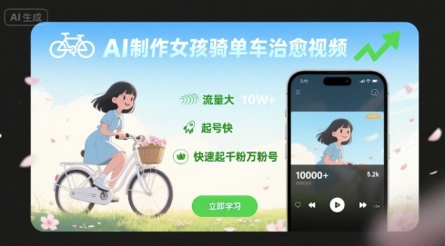 AI制作女孩骑单车治愈视频，流量大，起号快，快速起千粉万粉号-鑫梵淘