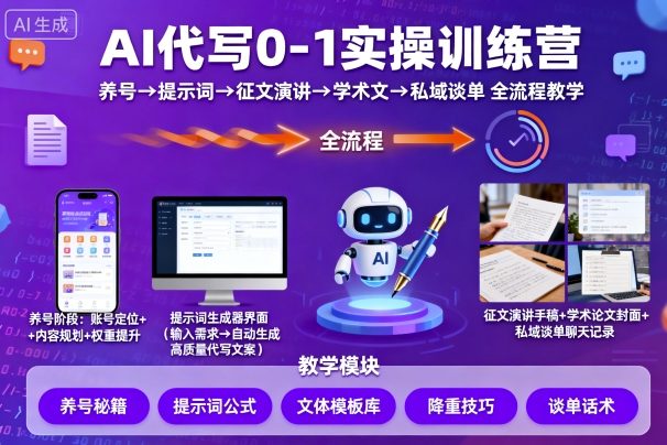 AI代写0-1实操训练营，从养号、提示词、征文演讲、学术文，到私域谈单的全流程教学-鑫梵淘