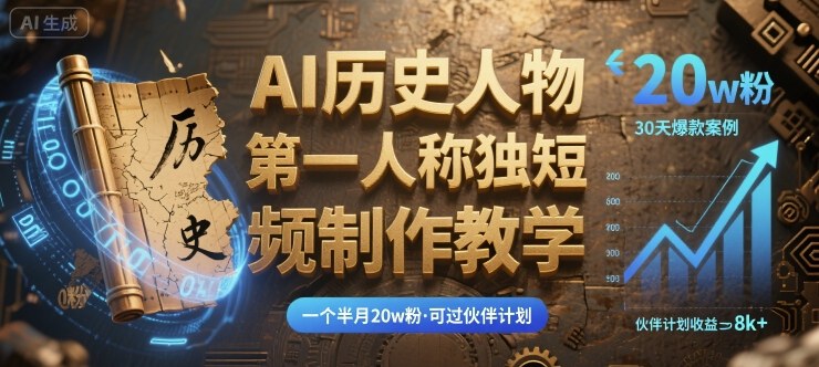 最新AI历史人物第一人称独白短视频制作教学，一个半月20w粉，可过伙伴计划-鑫梵淘
