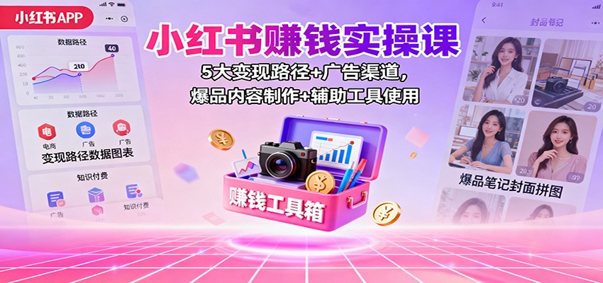 小红书赚钱实操课：5大变现路径+广告渠道，爆品内容制作+辅助工具使用-鑫梵淘