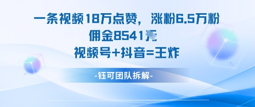 一条视频18W点赞，涨粉6.5W粉佣金8541米，视频号+抖音=王炸-鑫梵淘