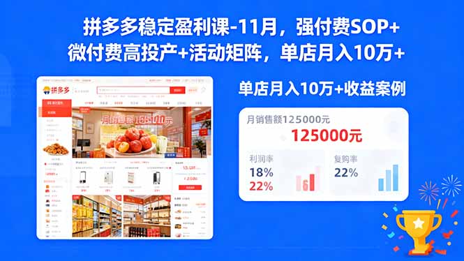 拼多多稳定盈利课-11月，强付费SOP+微付费高投产+活动矩阵，单店月入10w+-鑫梵淘