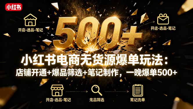 小红书电商无货源爆单玩法：店铺开通+爆品筛选+笔记制作，一晚爆单500+-鑫梵淘