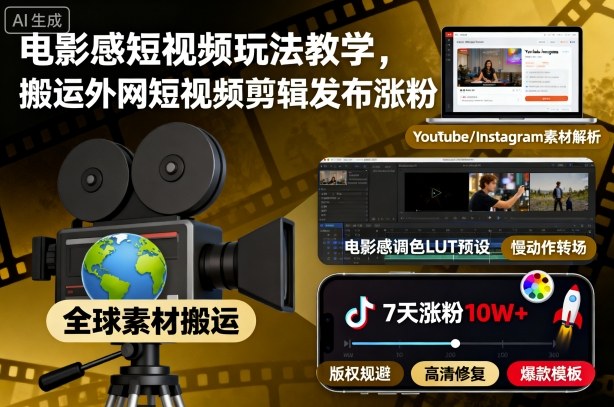 电影感短视频玩法教学，搬运外网短视频剪辑发布涨粉-鑫梵淘