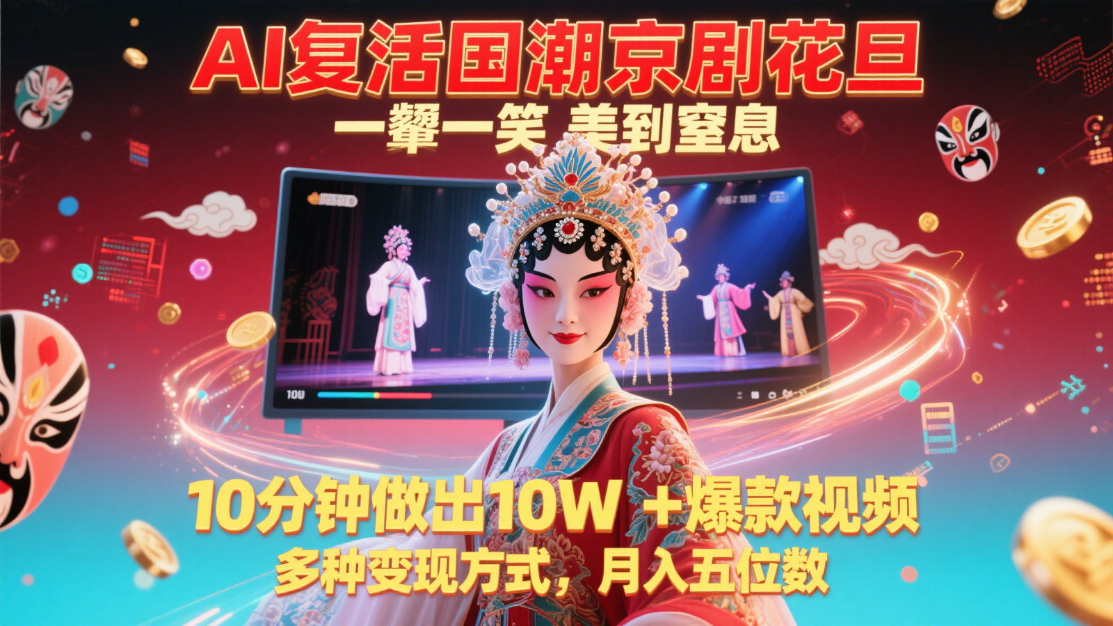 AI复活国潮京剧花旦，一颦一笑美到窒息，10分钟做出10W+爆款视频，多种变现方式-鑫梵淘
