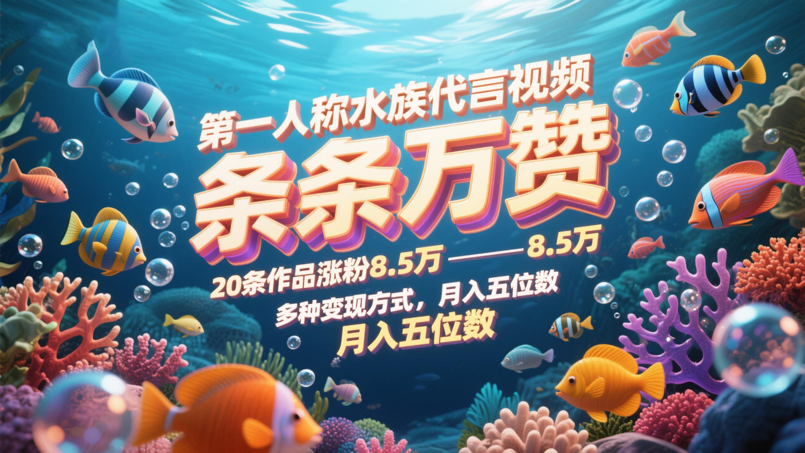 第一人称水族代言视频，条条万赞，20条作品涨粉8.5万，多种变现方式月，入五位数-鑫梵淘